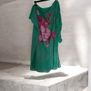 Bathing suit wrap coverup resort and beach-ware green w/pink floral pattern.